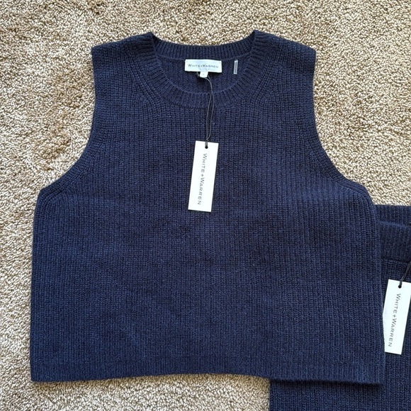 NWT White + Warren Cashmere Ribbed Shell Tank and Midi Pencil Skirt Set Navy - Picture 4 of 10